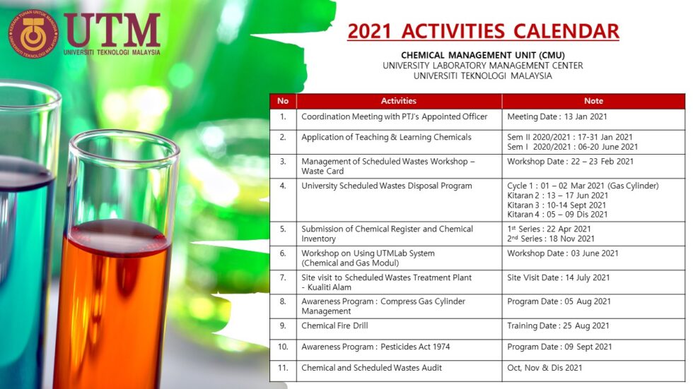 CMU Activities Calendar 2021 CHEMICAL MANAGEMENT UNIT